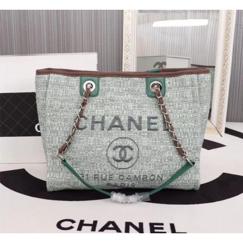 Torba na zakupy Chanel Canvas z cielęcej skóry, metal w odcieniu srebra A23556, zielona