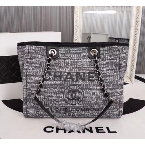 Torba na zakupy Chanel Canvas z cielęcej skóry, metal w odcieniu srebra A23556, szara