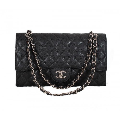 Torebka Chanel Classic Flap Bag 1113, czarna, oryginalna, ze skóry w kolorze srebrnym, z wzorem Cannage