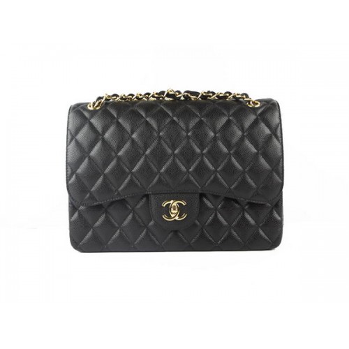 Torebka Chanel Classic Flap Bag 1113, czarna, oryginalna, ze skóry kawiorowej, w kolorze złotym