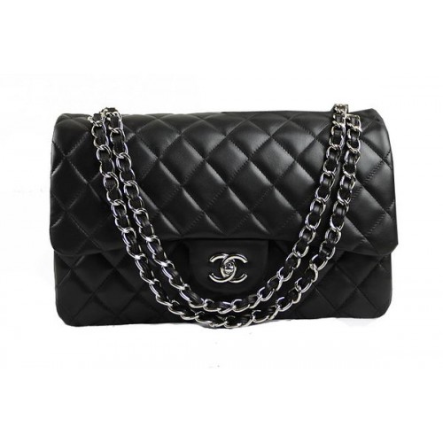 Torebka Chanel Classic Flap Bag 1113, czarna, oryginalna, owcza skóra, srebrna