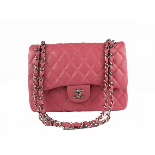 Torebka Chanel Classic Flap Bag 1113, różowa, oryginalna, srebrna, z owczej skóry