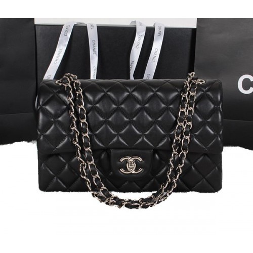 Torebka Chanel Classic Flap Bag w kolorze czarnym, oryginalna skóra owcza A1118, srebrna
