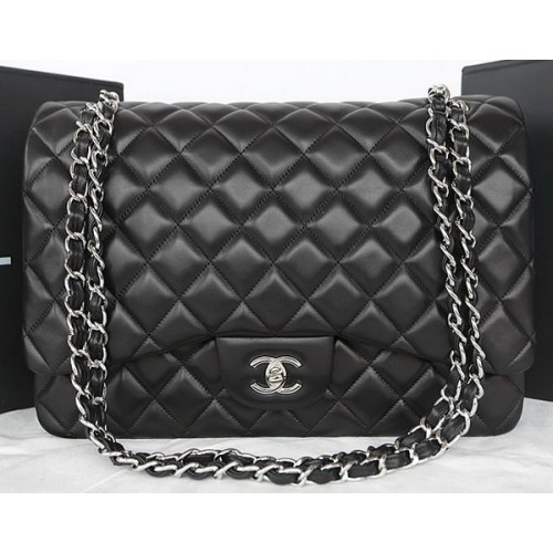 Torebka Chanel Classic Flap Bag z czarnej, oryginalnej skóry owczej CFA1116 w kolorze srebrnym
