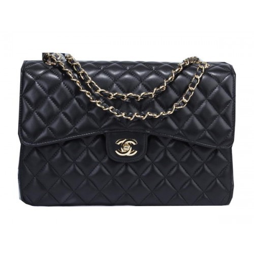 Torebka Chanel Classic Flap Bag z czarnej skóry owczej A36071 Gold