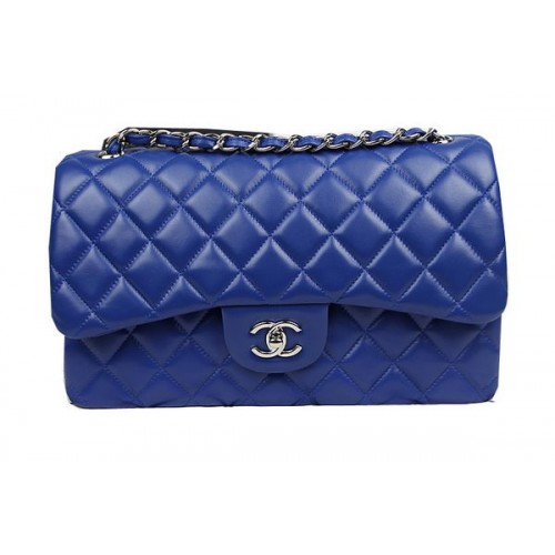 Torebka Chanel Classic Flap Bag w kolorze niebieskim, oryginalna skóra CF1113, srebrna