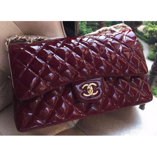 Torebka Chanel Classic Flap Bag w kolorze bordowym, oryginalna, lakierowana skóra A1113, złota
