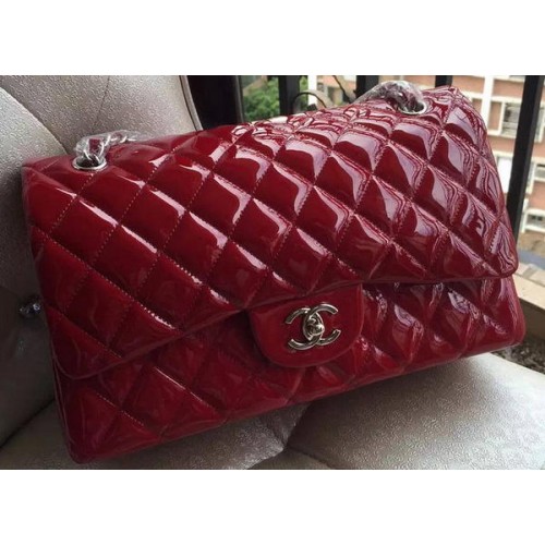 Torebka Chanel Classic Flap Bag w kolorze bordowym, oryginalna, lakierowana skóra A1113, srebrna