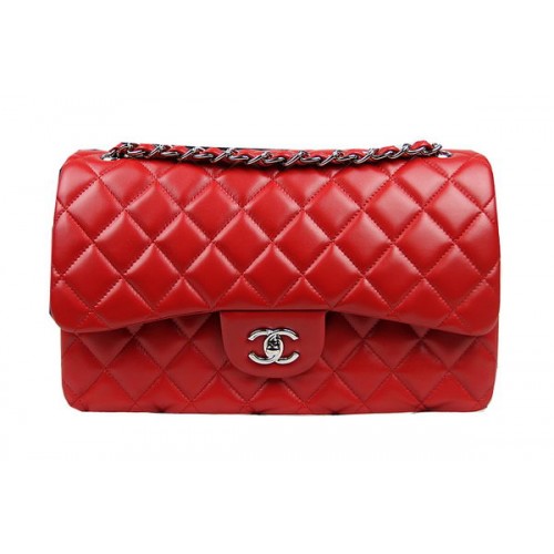 Torebka Chanel Classic Flap Bag, czerwona, oryginalna, skórzana, CF1113, srebrna