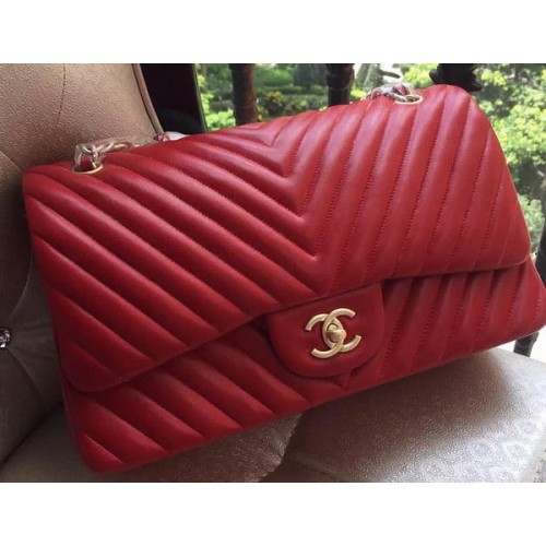 Torebka Chanel Classic Flap Bag z czerwonej owczej skóry z pikowaniem w jodełkę A1113 Gold