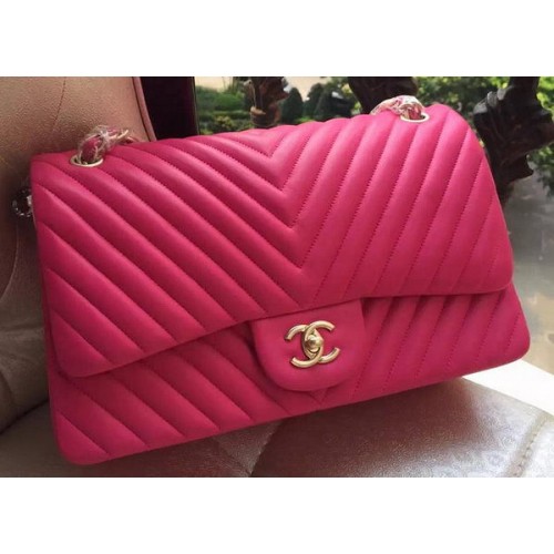 Torebka Chanel Classic Flap Bag z różowej owczej skóry z pikowaniem Chevron A1113 Gold