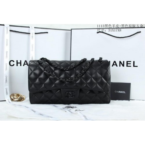 Torebka Chanel Classic Flap Bag z owczej skóry A1113 w kolorze czarnym
