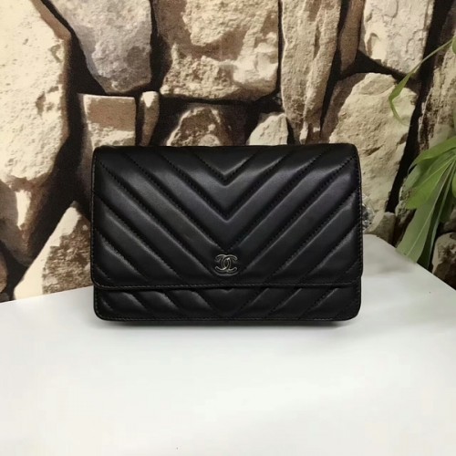 Torebki Chanel Classic Flap Bags Black Original Sheepskin Leather 33815 Silver