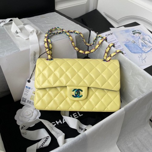 Torebka Chanel Classic Flap Shoulder Bag Original Sheepskin Leather Colors Buckle Medium A01113 Yellow&Blue