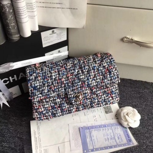 Torebka Chanel Classic z haftowanym tweedem, metal w odcieniu srebra, A01112, szaroróżowa