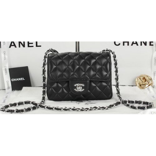 Torebka Chanel Classic MINI Flap Bag z czarnej skóry owczej A1115 Silver