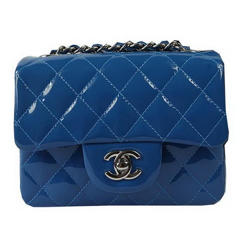 Torebka Chanel Classic MINI Flap Bag w kolorze niebieskim, oryginalna, lakierowana skóra CF1115, srebrna