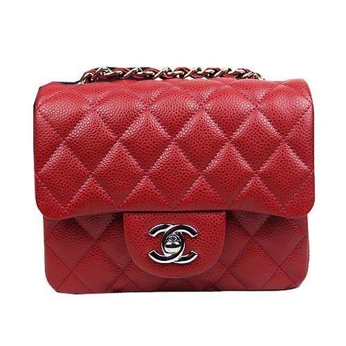 Torebka Chanel Classic MINI Flap Bag CF1115 w kolorze czerwonym, z wzorem Cannage, srebrna