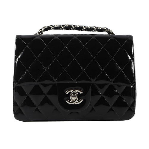 Torebka Chanel Classic MINI Flap Bag CF1119 z czarnej lakierowanej skóry w kolorze srebrnym