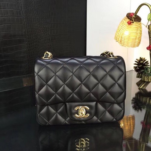 Torebka Chanel Classic MINI Flap Bag z oryginalnej skóry owczej A1115, łańcuszek w kolorze czarno-złotym