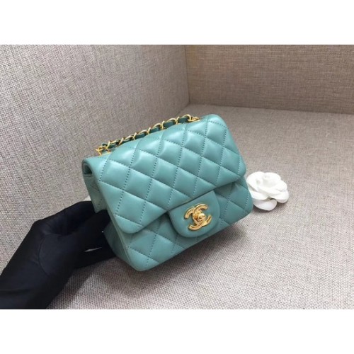 Torebka Chanel Classic MINI Flap Bag oryginalna skóra owcza A1115 Jasnoniebieski złoty łańcuszek