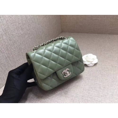 Torebka Chanel Classic MINI Flap Bag oryginalna skóra owcza A1115 zielony srebrny łańcuszek