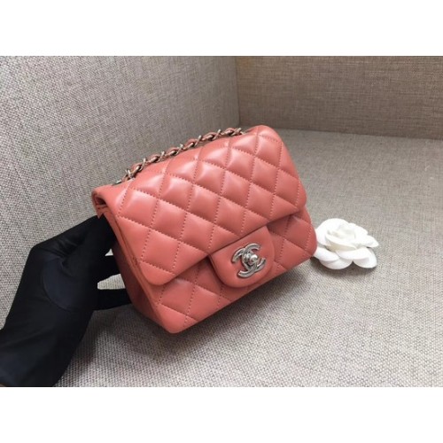 Torebka Chanel Classic MINI Flap Bag oryginalna skóra owcza A1115 różowo-srebrny łańcuszek