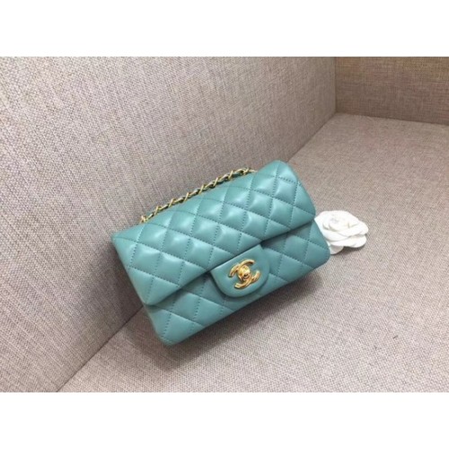 Torebka Chanel Classic MINI Flap Bag oryginalna skóra owcza A1116 Jasnoniebieski złoty łańcuszek