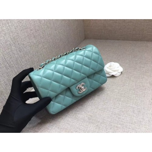 Torebka Chanel Classic MINI Flap Bag oryginalna skóra owcza A1116 Jasnoniebieski srebrny łańcuszek