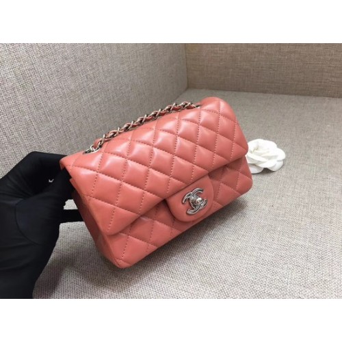 Torebka Chanel Classic MINI Flap Bag oryginalna skóra owcza A1116 różowo-srebrny łańcuszek