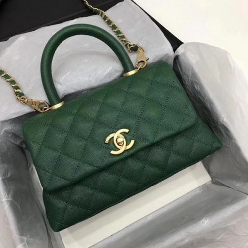 Torebka Chanel Classic z uchwytem u góry, zielona, z wzorem Cannage, A92290, złota
