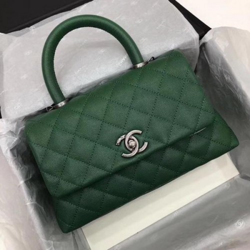 Torebka Chanel Classic z uchwytem u góry, zielona, z wzorem Cannage, A92290, srebrna
