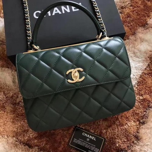 Torebka Chanel Classic z uchwytem u góry, zielona, z owczej skóry, A92991, złota