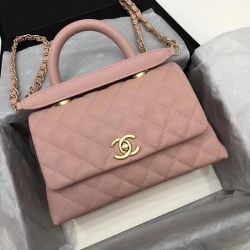 Torebka Chanel Classic z uchwytem u góry, różowa, wzór Cannage, A92290, złota
