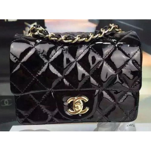 Torebka Chanel Classic mini Flap Bag z czarnej, oryginalnej lakierowanej skóry CF7171 Gold