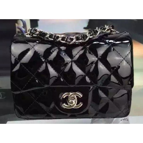 Torebka Chanel Classic mini Flap Bag z czarnej, oryginalnej lakierowanej skóry CF7171 w kolorze srebrnym