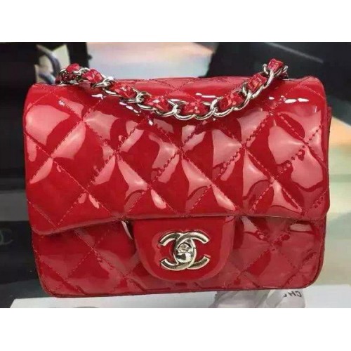 Torebka Chanel Classic mini Flap Bag w kolorze czerwonym, oryginalna lakierowana skóra CF7171, srebrna