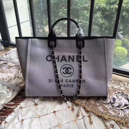 Torba Chanel Deauville, oryginalna, płócienna, skórzana, A68047-12