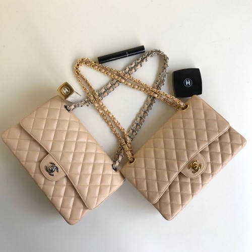 Torebki Chanel Double Flaps Apricot Original Caviar Leather A1112 Gold or Silver