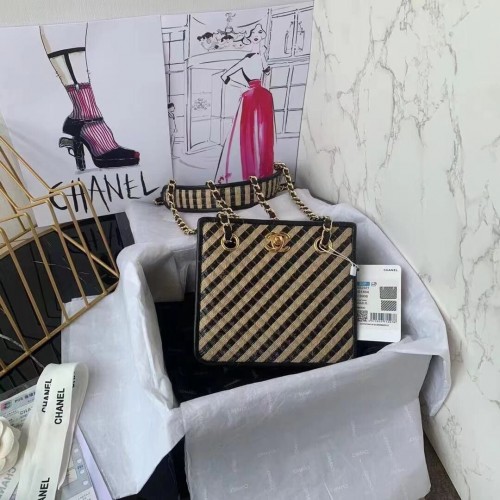 Torebka Chanel ze ściągaczem, rafia, juta, metal w odcieniu złota, czarno-beżowa, AS2421