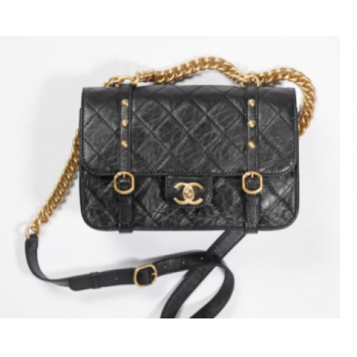 TOREBKA CHANEL FLAP BAG, postarzana skóra cielęca, metal w odcieniu złota AS2696, czarna