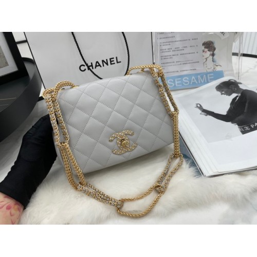 Torebka na ramię Chanel Flap Lambskin AS2975 jasnoszara