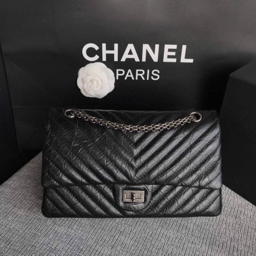 Chanel Flap Original Cowhide Leather 30225 czarny srebrny łańcuszek