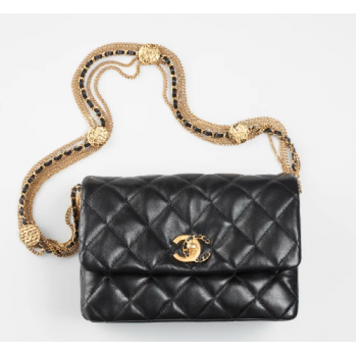 Chanel MINI FLAP BAG Lambskin Gold-Tone Metal AS3378 czarny