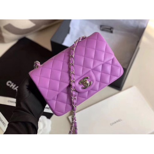 Torebka Chanel MINI Flap Bag, oryginalna skóra owcza 1116, metal w odcieniu lawendy i srebra