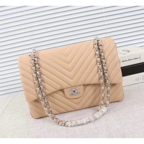 Torebka Chanel Maxi Classic Flap Bag z morelowej skóry owczej w jodełkę A58601 w kolorze srebrnym