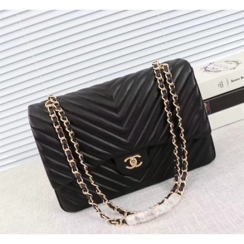 Torebka Chanel Maxi Classic Flap Bag w kolorze czarnym, z owczej skóry w jodełkę, A58601, złota