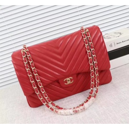 Torebka Chanel Maxi Classic Flap Bag w kolorze czerwonym, z owczej skóry w jodełkę, A58601, złota