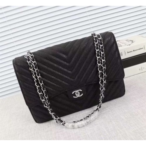 Torebka Chanel Maxi Quilted Classic Flap Bag w kolorze czarnym, wzór Chevron Cannage A58601, srebrna