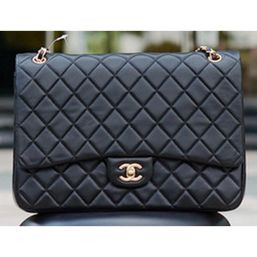 Torebka Chanel Maxi Quilted Classic Flap Bag z czarnej owczej skóry A58601 Gold